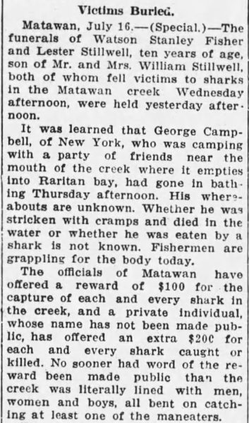 Newspaper clipping about unsolved disappearance of George Campbell during 1916 shark attacks