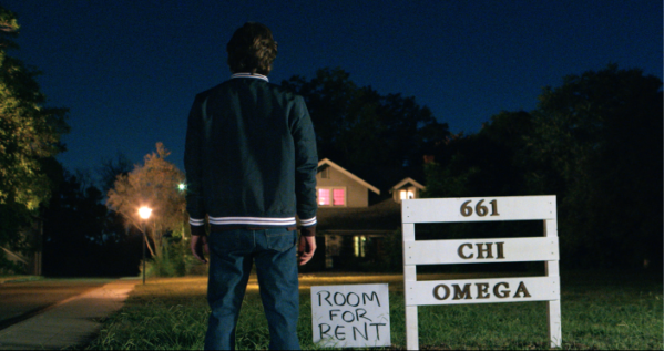 Chad Michael Murray as Ted Bundy in front of Chi Omega sorority house