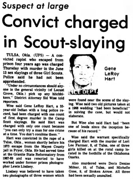 Headline about Gene LeRoy Hart charged in Camp Scott Girl Scout murders