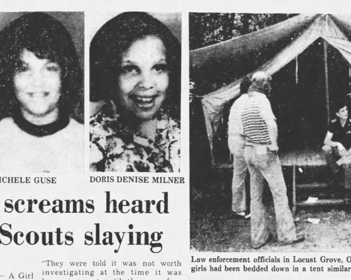 Newspaper headline with photo of murdered Camp Scott Girl Scouts Lori Lee Farmer, Michele Guse, and Doris Denise Miller