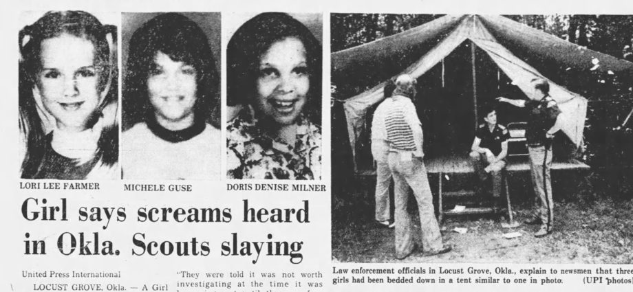 Newspaper headline with photo of murdered Camp Scott Girl Scouts Lori Lee Farmer, Michele Guse, and Doris Denise Miller