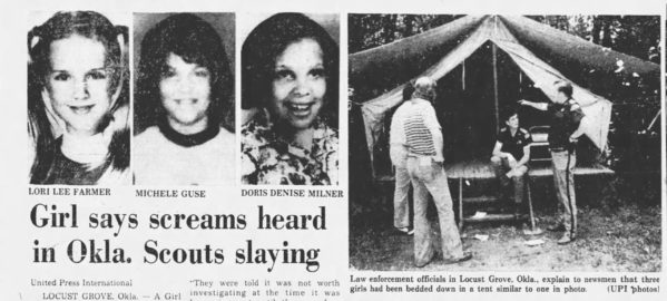 Newspaper headline with photo of murdered Camp Scott Girl Scouts Lori Lee Farmer, Michele Guse, and Doris Denise Miller