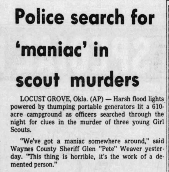 Headline about police searching for maniac in scout murders