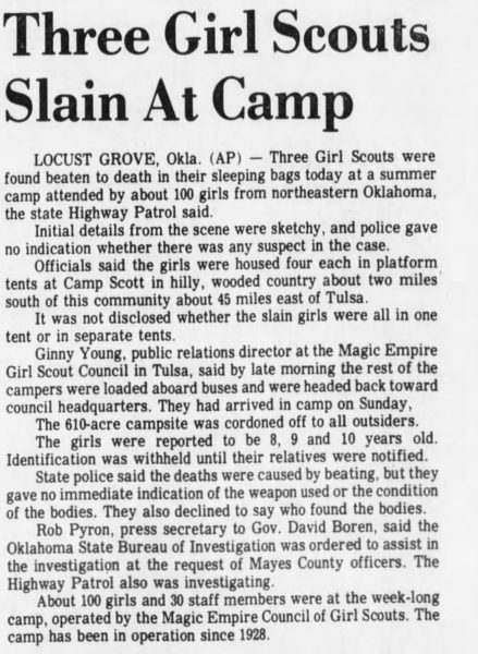 Headline about three Girl Scouts slain at camp