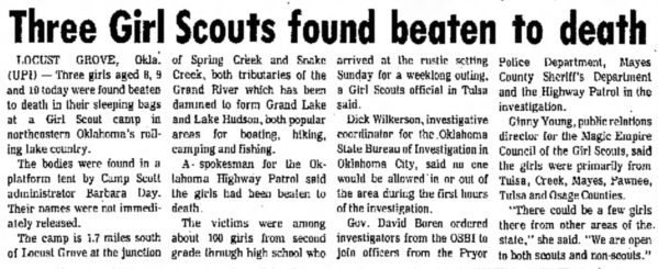 Headline about three Girl Scouts found beaten to death