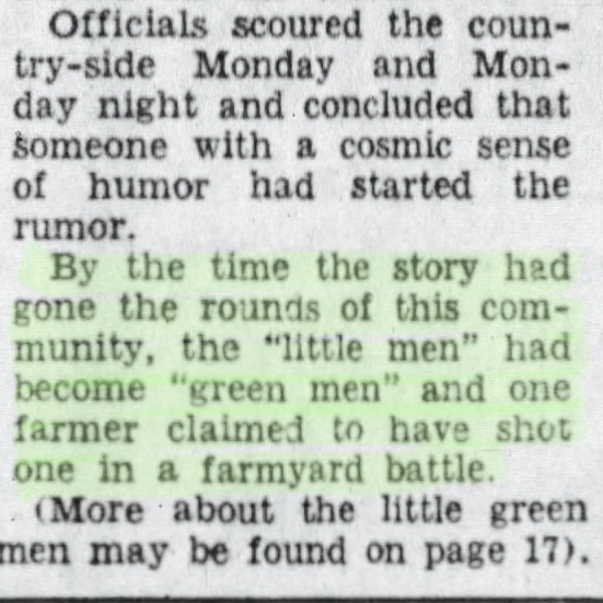 Highlight of newspaper article about how little green men started from Kelly Encounter