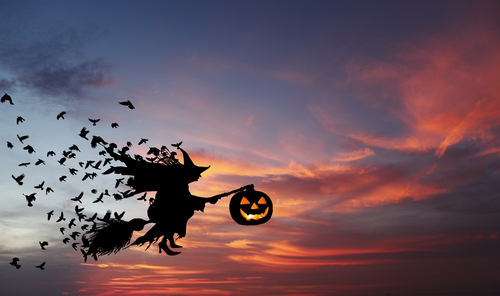 Halloween witch riding broom across an orange sunset sky with jack o lantern in front and bats trailing behind in her wake