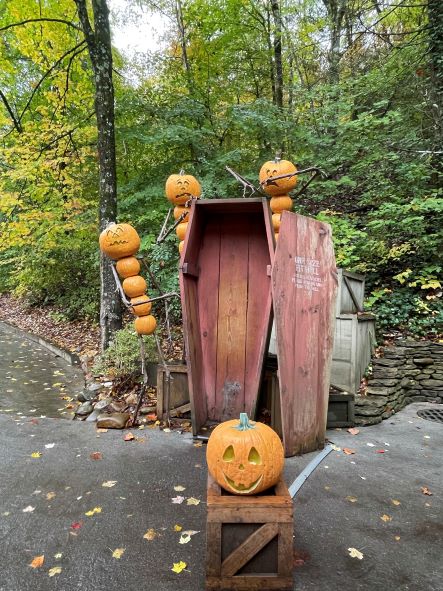 One size fits all coffin with gravedigger pumpkins