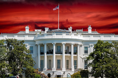The White House in Washington D.C. with red sky background