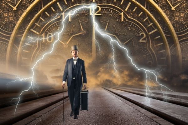 Man in period clothing standing on road with lightning and warped clock behind him. Time Traveler