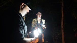 Steve Shippy and Cindy Kaza in woods in Florida at Danny Rolling's campsite