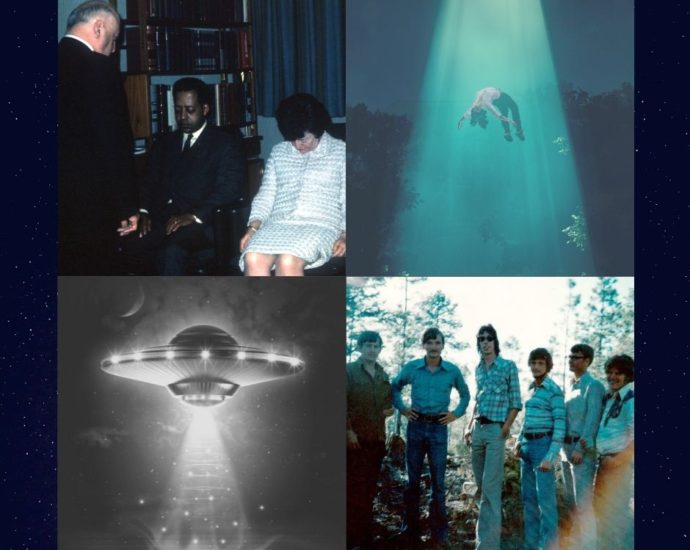 Collage of Betty and Barney Hill and Travis Walton images from Alien Abduction Shock Docs