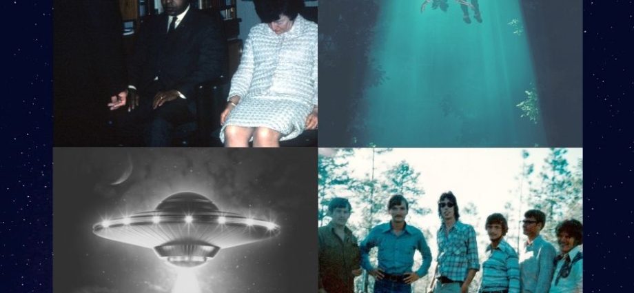 Collage of Betty and Barney Hill and Travis Walton images from Alien Abduction Shock Docs