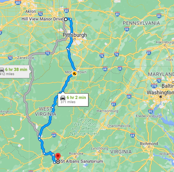 Map of Hill View Manor to St. Albans Sanatorium