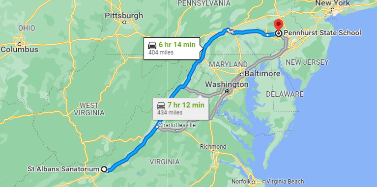 Map of St. Albans Sanatorium to Pennhurst