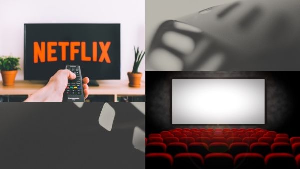Photo of a person holding remote pointing at a TV with Netflix on it alongside a movie theater screen