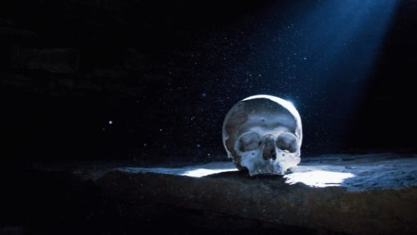 Skull on an altar as perhaps an offering of human sacrifice