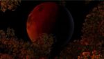 Blood moon rising above a forest of trees
