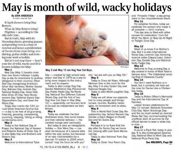 Lincoln Star Journal May is a month of wacky, wild holidays newspaper clipping