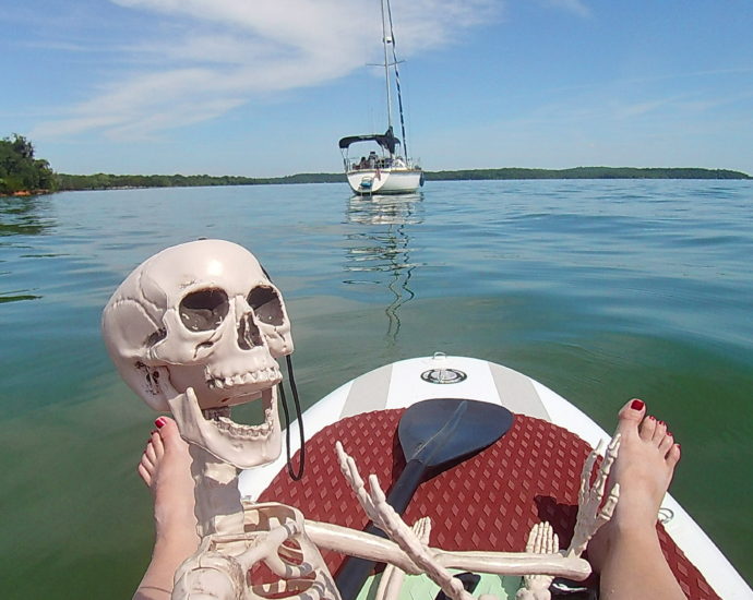 Smalls Skeleton on SUP in Percy Priest Lake