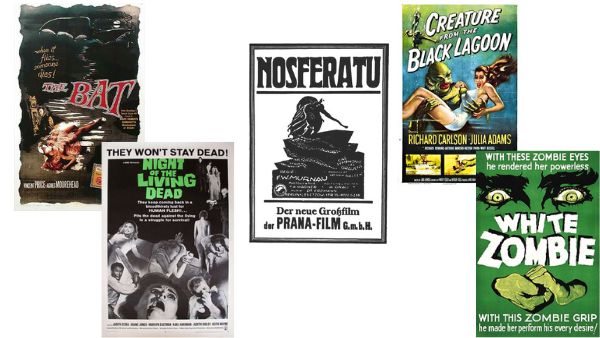 Collage of 5 classic black and white horror movies, Nosferatu, White Zombie, Creature from the Black Lagoon, Night of the Living Dead, The Bat