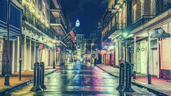 New Orleans French Quarter street lights at night