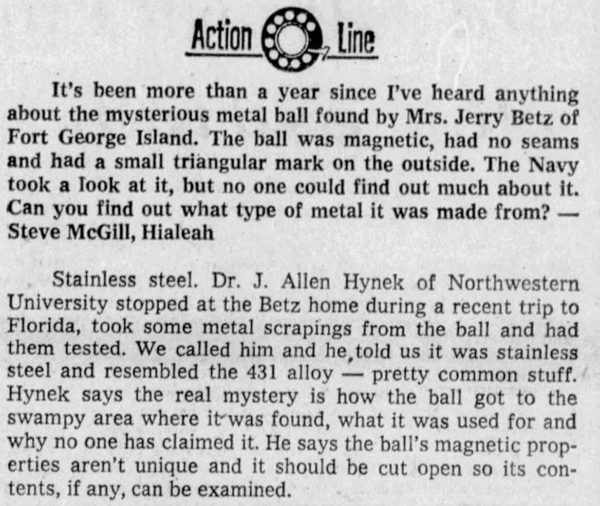 The Miami Herald newspaper clipping answering what happened to the mysterious metal ball the Betz's found