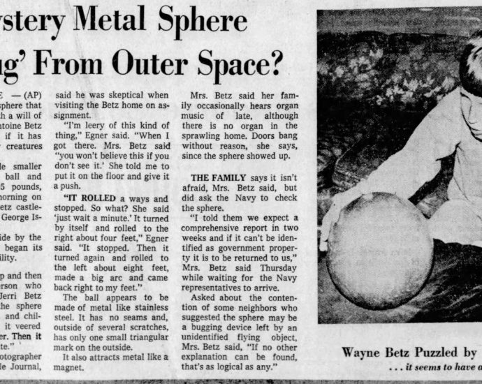 1974 newspaper clipping about Betz Mystery Sphere from the Miami Herald