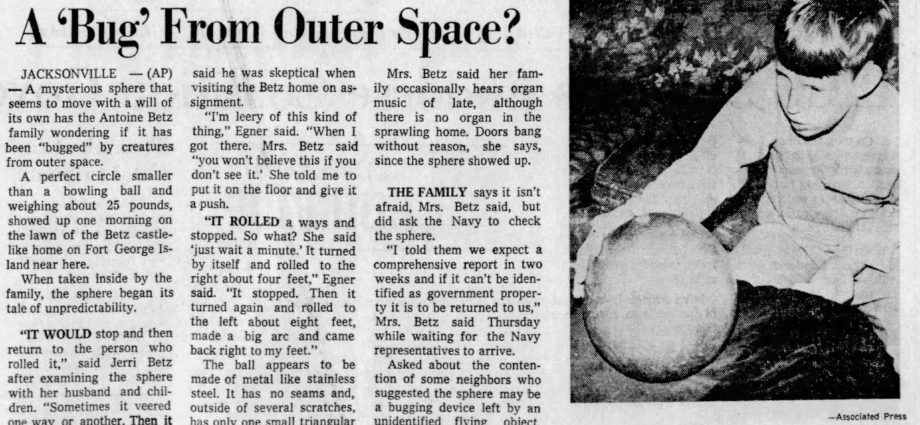 1974 newspaper clipping about Betz Mystery Sphere from the Miami Herald