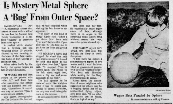 1974 newspaper clipping about Betz Mystery Sphere from the Miami Herald 