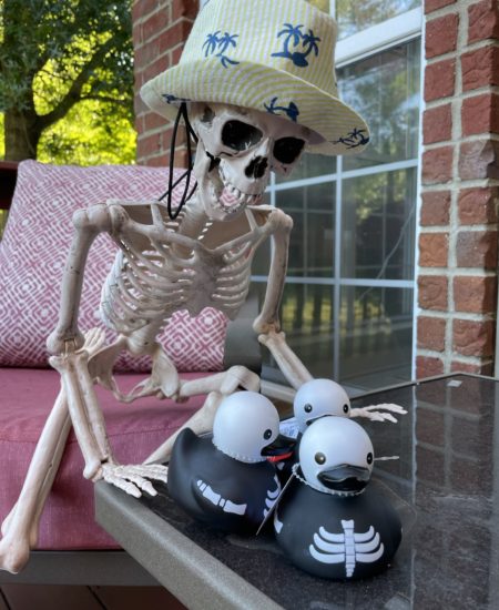 Smalls Skeleton in his cruise fedora with skeleton rubber ducks