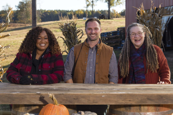 Sunny Anderson with Paul Dever and Terri Hardin on Outrageous Pumpkins