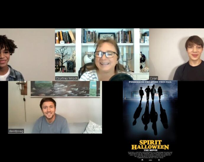 Screenshot of Spirit Halloween movie interview with director David Poag and cast Donovan Colan and Jaiden J. Smith