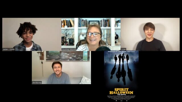 Screenshot of Spirit Halloween movie interview with director David Poag and cast Donovan Colan and Jaiden J. Smith