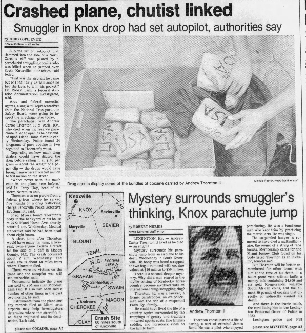 Andrew Thornton newspaper article about cocaine smuggling and fatal plane crash
