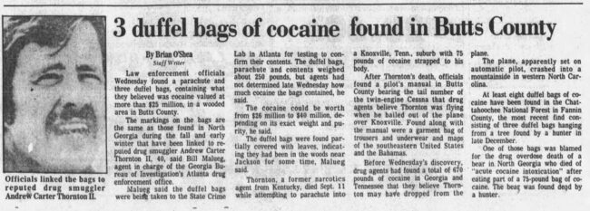 The Atlanta Constitution newspaper clipping about more bags of cocaine found after the one with the bear.