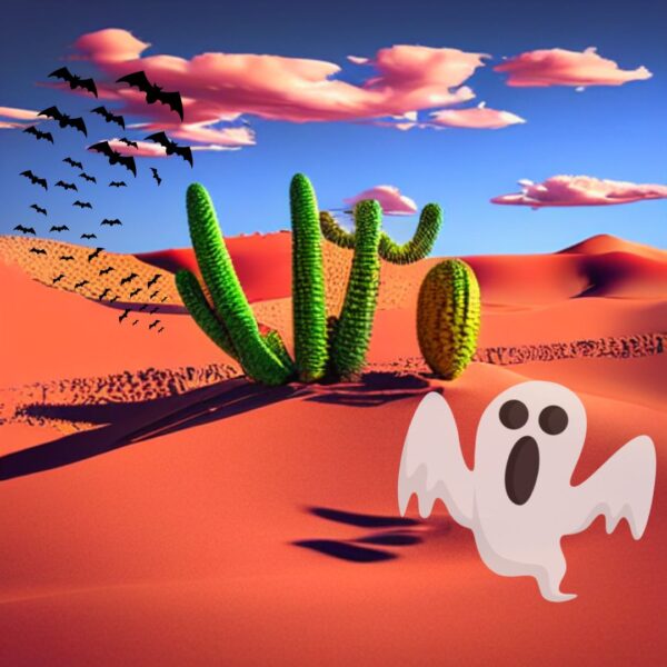 Paranormal and horror western landscape AI art drawing with ghost cactus and bats