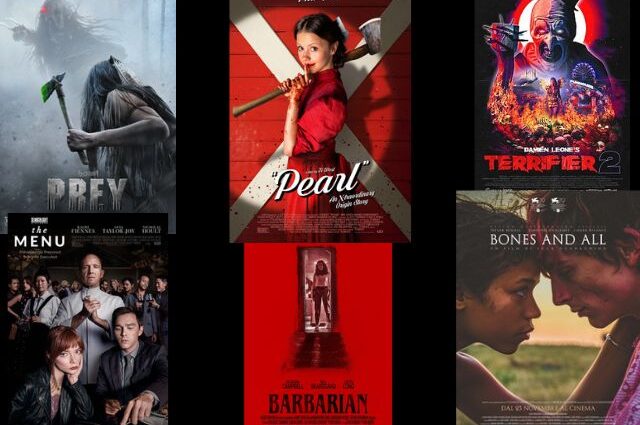 Posters for Prey, Pearl, Terrifier 2, The Menu, Barbarian and Bones and All, six of the best horror movies of 2022