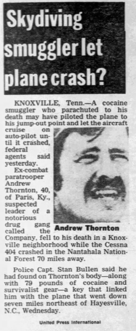 Daily News newspaper clipping about how cocaine smuggler Andrew Thornton let the plane crash 