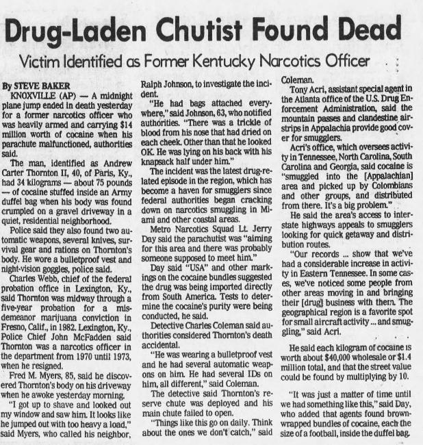 Tennessean newspaper clipping identifying Andrew Thornton as the dead drug-laden chutist