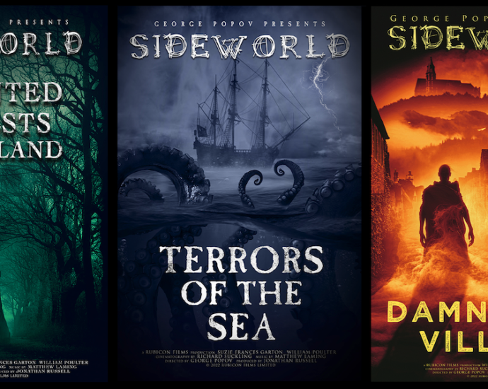 Collage of Sideworld covers for Haunted Forests of England, Terrors of the Sea and Damnation Village