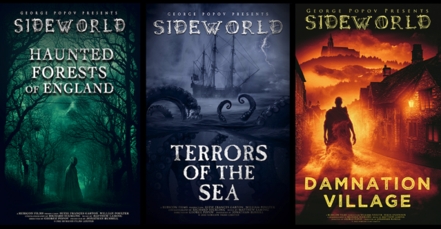 Collage of Sideworld covers for Haunted Forests of England, Terrors of the Sea and Damnation Village