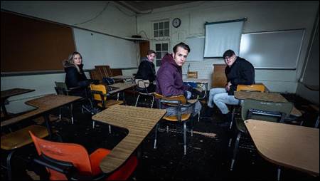 Chelsea Laden, Alex Schroeder, Dakota Laden and Tanner Wiseman from Destination Fear in classroom at Old Defiance Jr. High School.