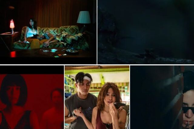 Collage of 5 Slamdance Film Festival 2023 stills from The Girl Who Was Cursed, New Religion, The Underbug, Fuzzy Head, and Where is the Lie?.