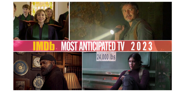 Collage of IMDb's Most Anticipated Movies and Series 2023 with Pedro Pascal in The Last of Us, Samuel L. Jackson in Secret Invasion, and Elizabeth Olson in Love and Death.