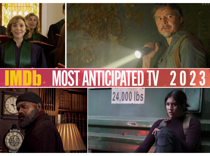Collage of IMDb's Most Anticipated Movies and Series 2023 with Pedro Pascal in The Last of Us, Samuel L. Jackson in Secret Invasion, Alaqua Cox in Echo, and Elizabeth Olson in Love and Death.