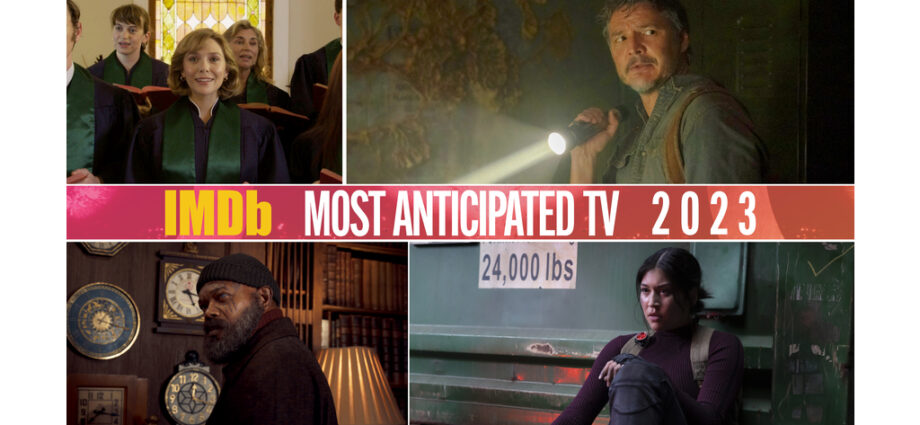 Collage of IMDb's Most Anticipated Movies and Series 2023 with Pedro Pascal in The Last of Us, Samuel L. Jackson in Secret Invasion, Alaqua Cox in Echo, and Elizabeth Olson in Love and Death.