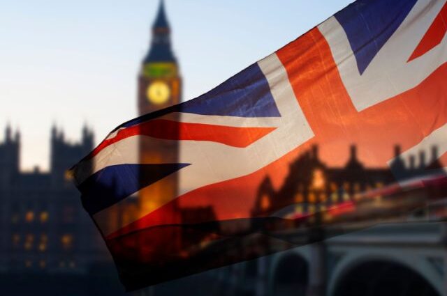 British Union Jack and London's Big Ben at dusk