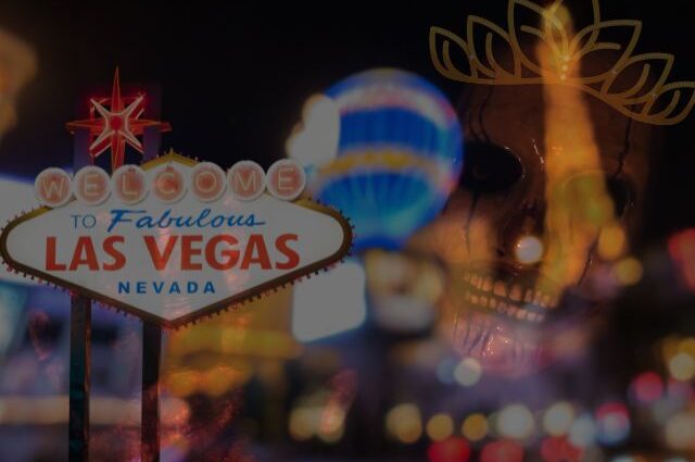 Las Vegas sign and shot with horror skull face wearing a crown