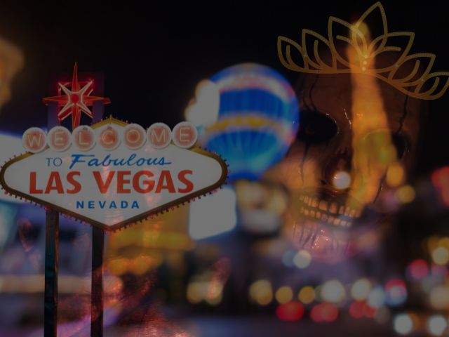 Las Vegas sign and shot with horror skull face wearing a crown 